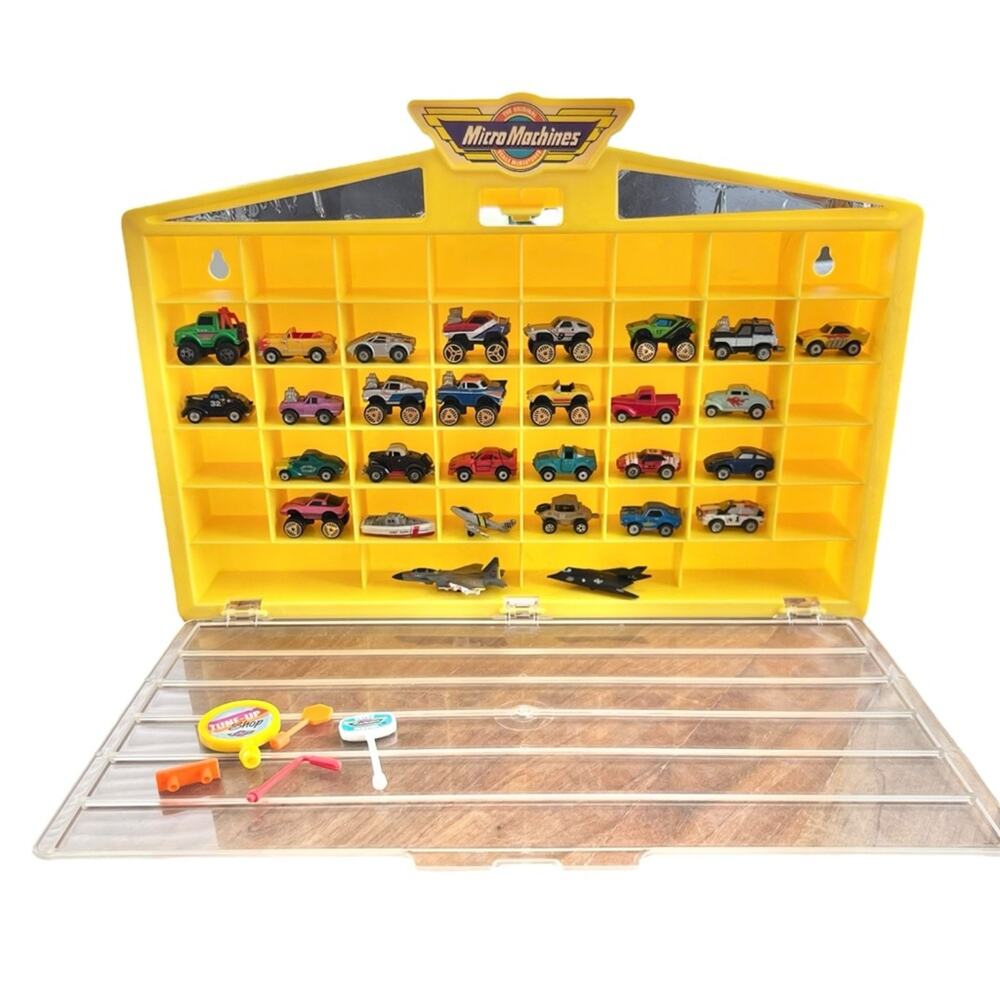 1989 Vintage Micro Machines Galoob Yellow Carry Mounting Case plus Die Cast Cars